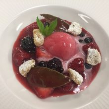 Basil poached berries with raspberry sorbet – ideal as a starter or sweet and suitable for all dietary requirements